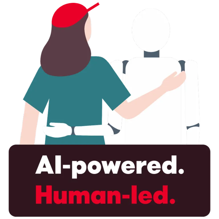  O ilustrație arată o persoană care își pune brațul prietenos în jurul unui robot. Dedesubt se află textul "AI-powered. Human-led.", simbolizând colaborarea dintre oameni și inteligența artificială.