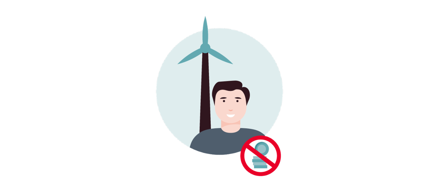 Infograficul 1 prezintă o turbină eoliană ca simbol al unui furnizor de energie, o persoană – antreprenorul – și un teanc de bani tăiat.