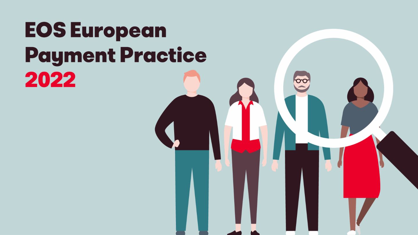 Ilustrație care arată patru persoane diverse și o lupă, însoțind textul „European Payment Practise EOS study 2022”. Această imagine reprezintă studiul anual EOS privind comportamentul de plată și tendințele europene.