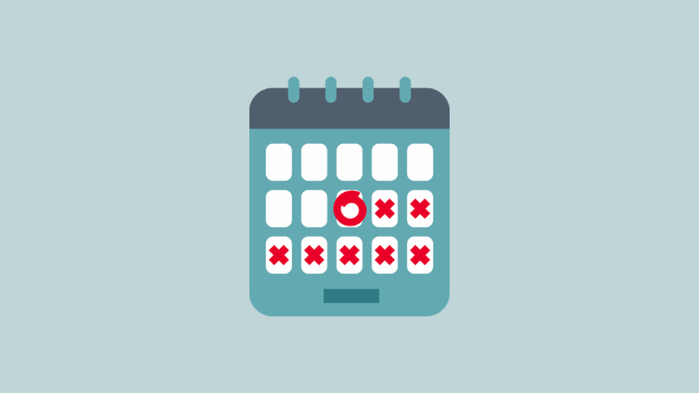 Ilustrație a unui calendar cu o dată evidențiată urmată de zile marcate cu cruci roșii, care indică faptul că un termen limită nu a fost respectat.