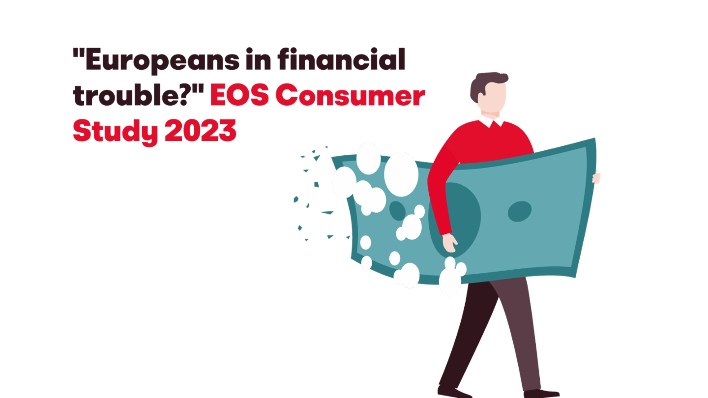 Ilustrație a unui bărbat care poartă o bancnotă mare care se dizolvă, cu textul 'Europeni în dificultate financiară? Studiul Consumatorilor EOS 2023'.