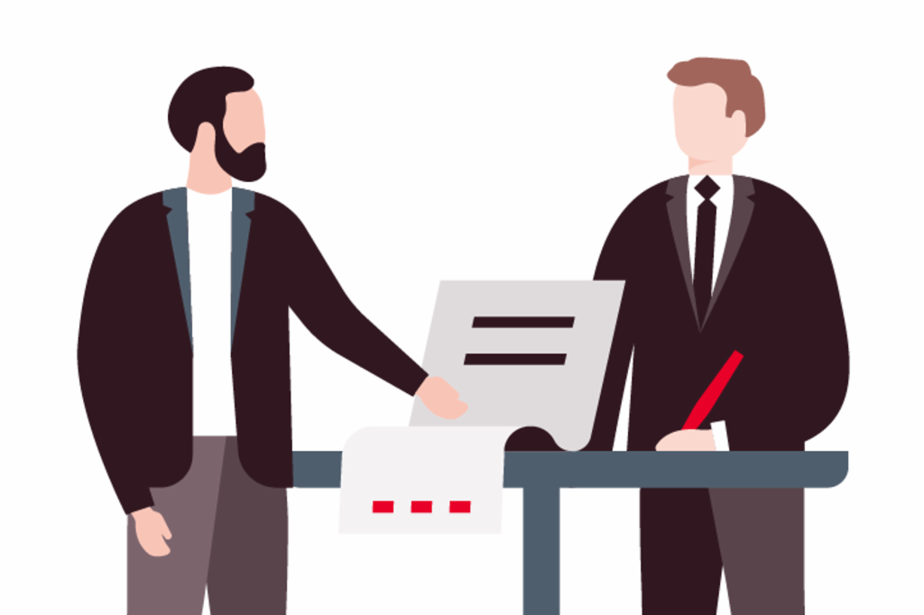 Illustration shows two men writing a signature on a contract in a business process.